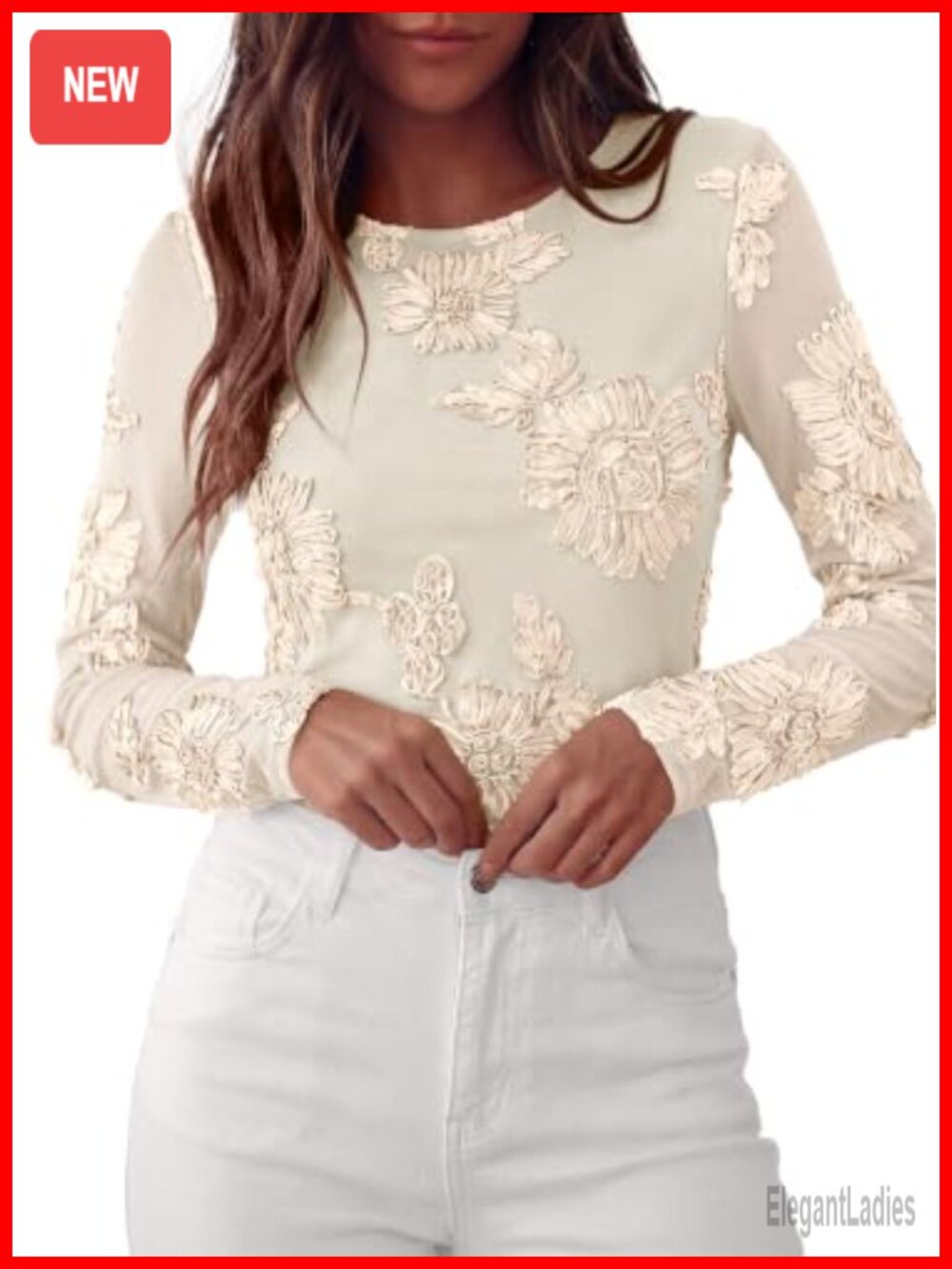 Women's Mesh Long Sleeve Embroidered Floral Blouse Crew Neck Pullover Top
